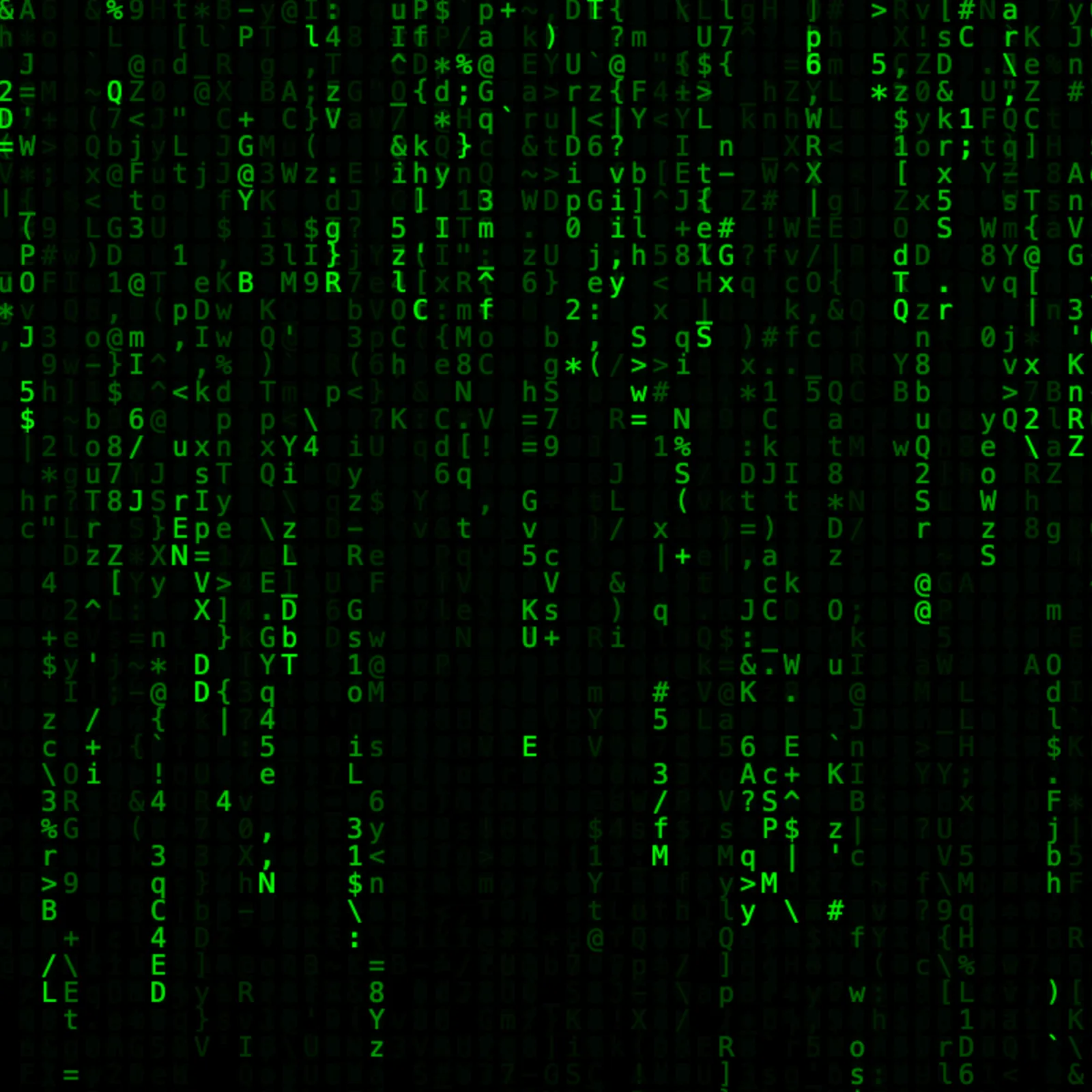 Green letters shine one after the other creating a rain effect